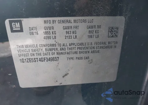 2016 Chevrolet Malibu 1Lt из США, поврежденный, VIN 1G1ZE5ST4GF349837